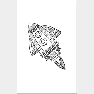 Rocket Space Ship Line Drawing Posters and Art